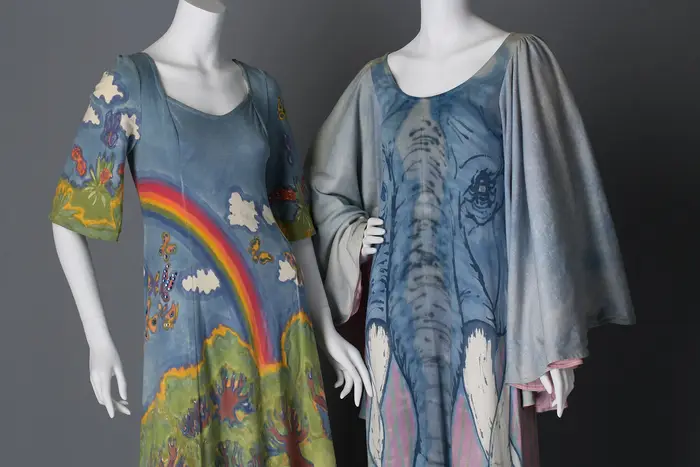 Fred and Candace Kling's "Wedding Dress, 1972" (left) and "Elephant Dress, c. 1974" <br>Collection of Bruce and Carol Feldman<br>(Photo Credit: Rex Rystedt / Courtesy of the Bellevue Arts Museum)